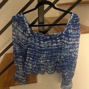 Blue and White Smocked Zara Women's Top